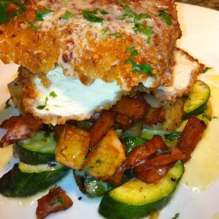 Pecan Crusted Free Range Chicken with Maple Butter Sauce, Potato Hash and Sautéed Squash. #wagongrill