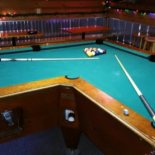a pool table and pool cues