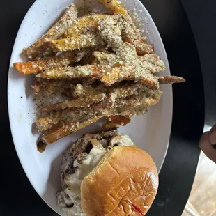 Mushroom Swiss burger with garlic Parm fries