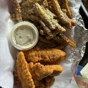 Chicken tenders with garlic Parm fries