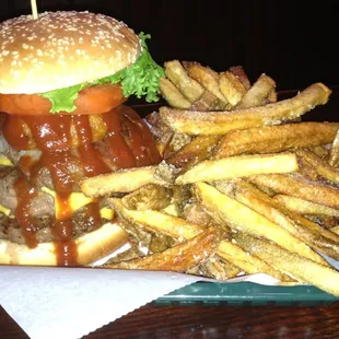 3 lumps Lumpy burger with bbq sauce n onion ring and hand cut fries