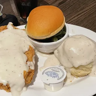 Chicken fried chicken, mashed potatoes and green beans