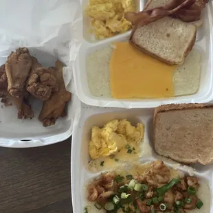 His:grits@cheese with wings, bacon, eggs&amp;toast Hers:shrimp&amp; grits with green onions eggs &amp;toast.