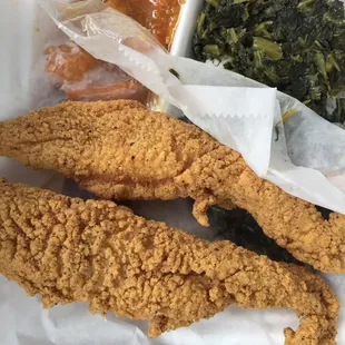 Mustard greens, fried fish and candied yams