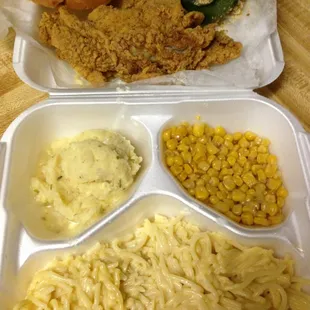 Fried catfish, stuffed bell pepper, baked mac, corn, and potato salad
