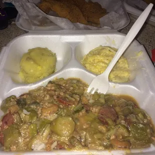 Yes lawd! Stewed okra w/shrimp sausage &amp;chicken, baked mac &amp;cheese and potatoe salad. Oh yea, fried fish in the back. Just $7
