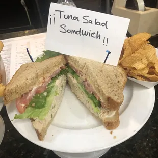 a tuna salad sandwich and chips
