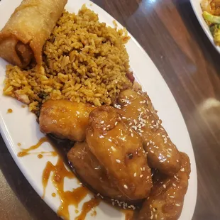 Sesame chicken egg roll and fried rice