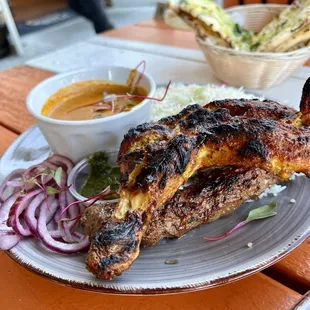 Combo Plate with chicken leg and lamb seek kabob