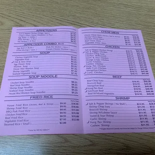 Menu with prices ( inside pamphlet )