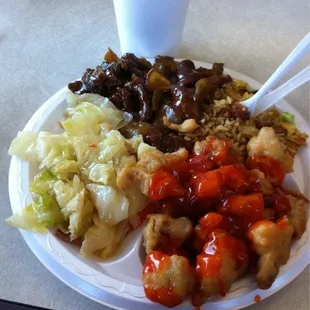 #4 lunch special- sweet &amp; sour chicken, pepper steak, cabbage, &amp; pork fried rice