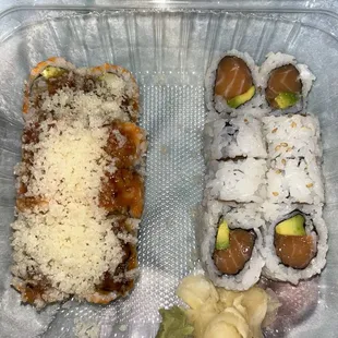 Left: Crunchy roll  Right: Salmon Avocado roll