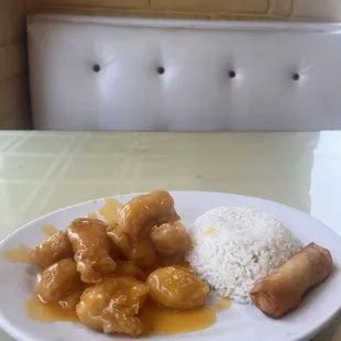 Daily Lunch Special: Orange Chicken with Steamed Rice and a Spring Roll (also comes with a choice of soup)