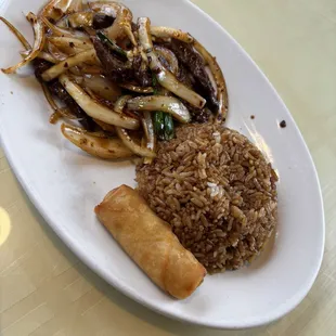Daily special w fried rice, spring roll, and Mongolian beef.
