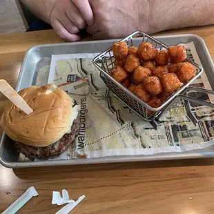 Jalapeño burger and sweet potato tots