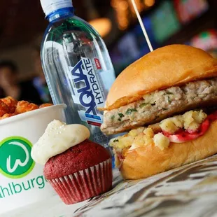 a hamburger and a cupcake