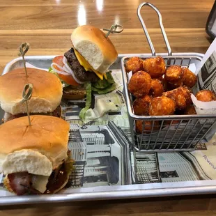 Trio Slider - your choice with side. This is an Our Burger and two Barbecue Burgers with Sweet Potato Tots.