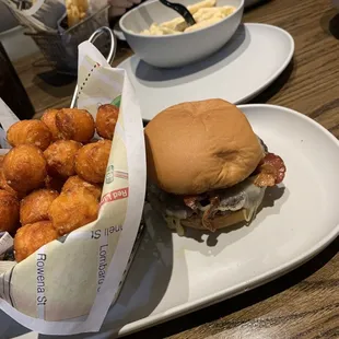 BBQ BACON BURGER w/ side of SWEET POTATO TOTS. MAC N' CHEESE on the kids menu w/ a side of applesauce. THE FIESTA BURGER w/ side of fries.