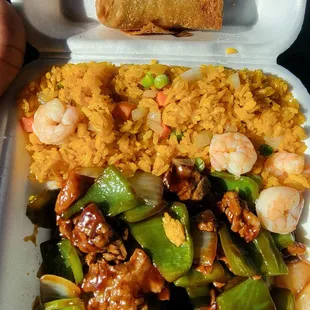 Pepper steak and shrimp fried rice