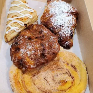 Cherry turnover, apricot croissant, blueberry fritter &amp; a crisp
