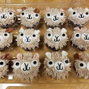 a tray of cupcakes decorated to look like animals