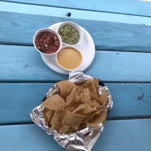 Our Stop Light. Includes Chips, Salsa, Guac and Queso.
