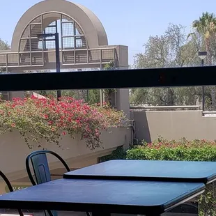 a table and chairs outside