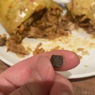 a hand holding a piece of meat