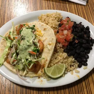 Shrimp taco, brown rice, black beans