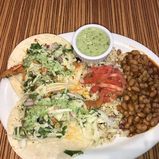 Fish tacos (fried flounder) cauliflower rice and beans