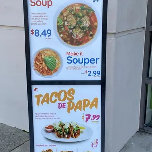 2/22/24 (thu): Albondigas Soup &amp; Tacos de Papa signage