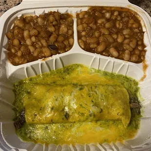 2/22/24 (thu): 1 Asada Enchilada Entree with green sauce &amp; double Spicy Cajun White Beans. So good!
