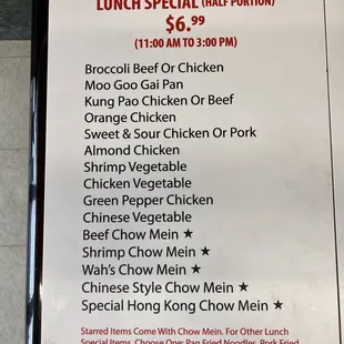 a menu for lunch special