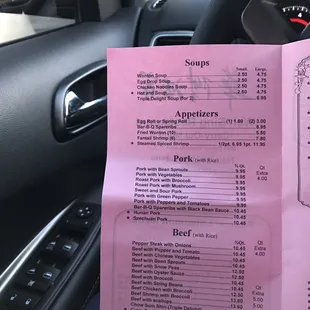 a menu in a car