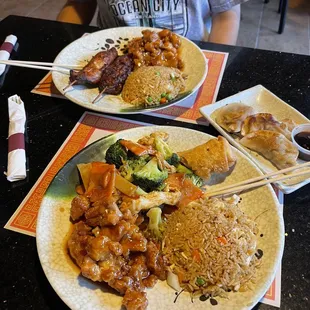 The lunch box B1. Chicken with Broccoli and lunch box B3. Chicken on a Stick and some Fried Pork Dumplings.