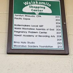 Directory for the second floor