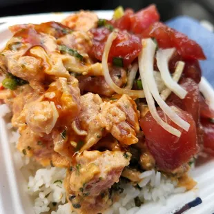 Half wonderful and half amazing, two choice poke bowl