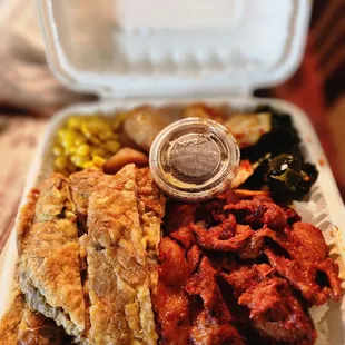Combo Plate - Spicy Pork and Meat Jun Sides - Corn, Shoyu Potato, Kimchi, Seaweed