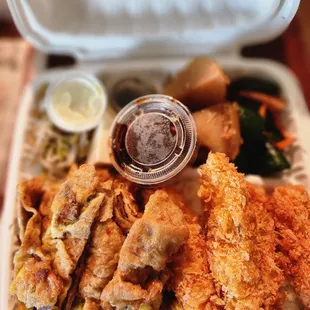 Combo Plate - Shrimp Tempura and Meat Jun Sides - Bean Sprouts, Tofu, Shoyu Potato, Cucumber Kimchi