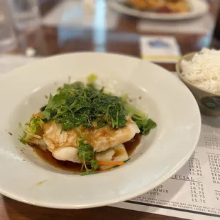 Chinese style basa with shoyu, sesame oil sauce