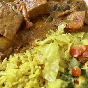 Tofu Sambal and Eggplant Mixed Plate with rice and coconut cabbage