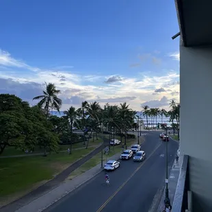 The view of the beach from the balcony of east-facing rooms