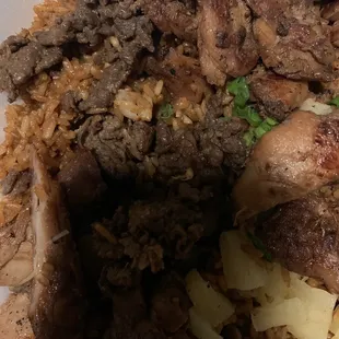 Overcooked meat and a sample of pineapples