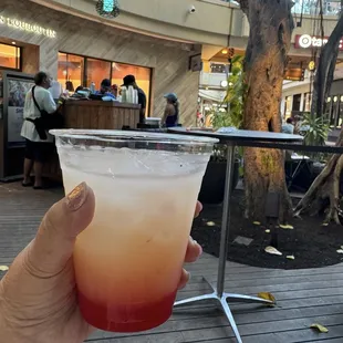 Like a lava flow made with strawberry puree and coconut water $10 with or without alcohol.