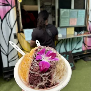 Shave ice with natural fruit syrups: lilikoi, açaí, and lychee, plus haupia cream added