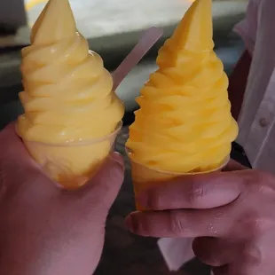 two people holding up shaved fruit