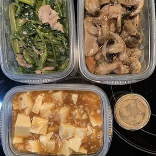 Mapo Tofu, Ham Ha Ong Choy, &amp; Fresh Mushroom Chicken
