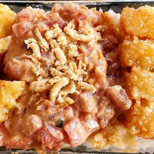 Up close view, Crunchy Donburi. With shrimp tempura.