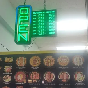 Front window menu and hours.