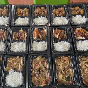 trays of rice and meat